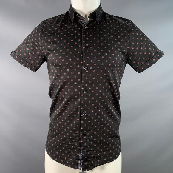 TED BAKER Size XS Lliam Black Red Abstract Floral Cotton Short Sleeve Shirt - Picture 1 of 6